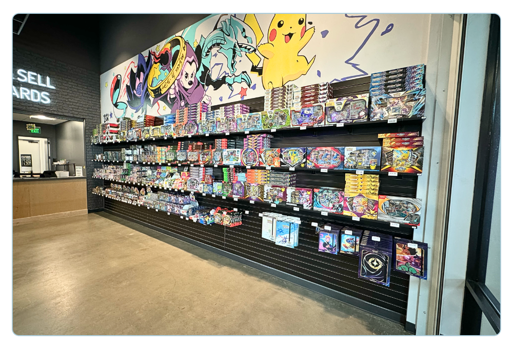 Slatwall wall displays for trading card supplies, sleeves, binders and accessories