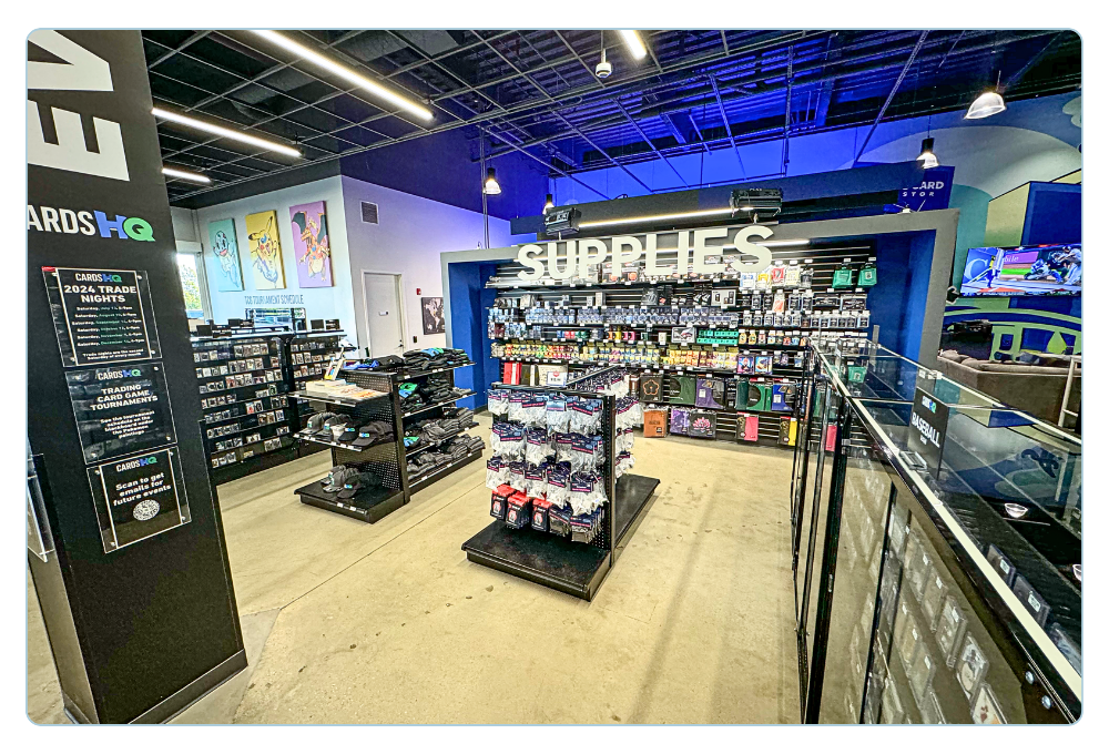 Complete trading card store fixture layout with showcases and retail shelving