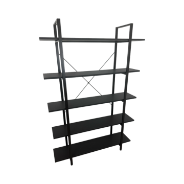 Black shelving unit with 5 shelves